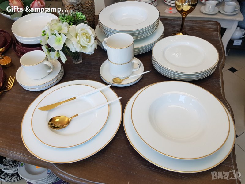 Нежен, фин снежнобял сервиз за хранене със златен кант NEW BON - от 18 части, снимка 1