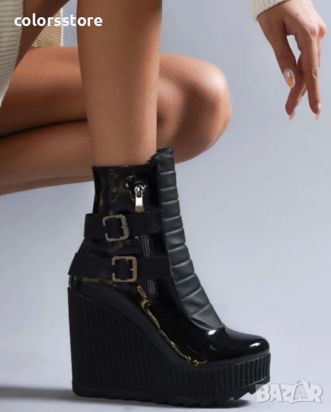 Боти на платформа - черен лак - B2001, снимка 1