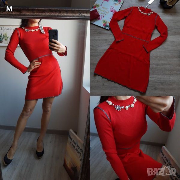 Нова колекция червена рокля с кристали от фино плетиво на намаление, снимка 1