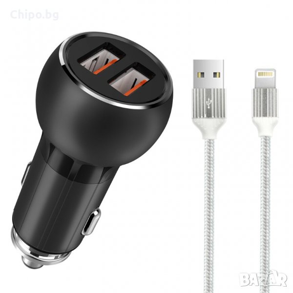 Зарядно устройство за кола LDNIO C503Q, Quick Charge 3.0, 2xUSB, С Lightning кабел - iPhone, снимка 1