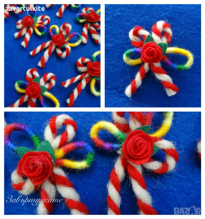 Мартеници брошки за закачане с малка розичка от филц и цветни вълнени конци, снимка 1
