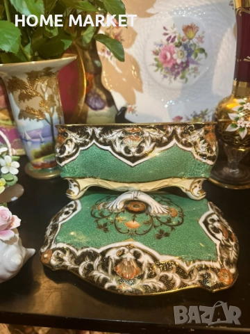 Circa 1908 “ Императорската кутия” невероятно красив и грандиозен съд , в зелено и злато, снимка 6 - Антикварни и старинни предмети - 52703092