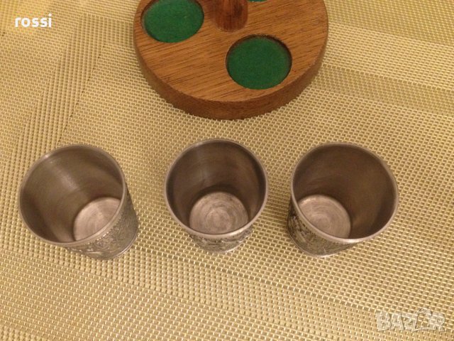 Нов! Старинен немски комплект за ракия калай дърво, чаши чаша, снимка 5 - Сервизи - 43064466