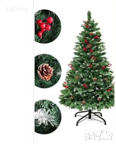 Разкошна Коледна елха със снежни върхове, шишарки и червени плодове 150 см, снимка 4 - Декорация за дома - 48030849