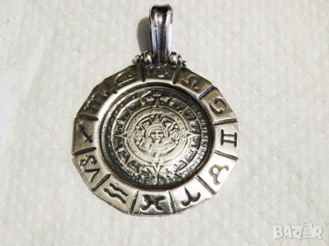 Сребърен синджир със сребърен медальон с вечния календар на Маите, обгърнат от 12-те зоди сребро, снимка 6 - Колиета, медальони, синджири - 32290799