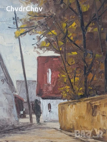 53х45см/малка стара картина масло върху платно/градски пейзаж/малка улица-къщи/дървена рамка, снимка 5 - Картини - 51192912