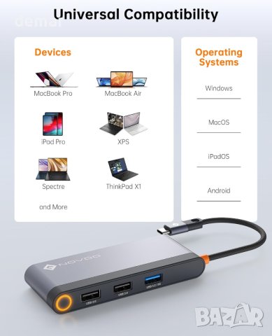 NOVOO USB-C към двоен HDMI 4K 30HZ, 100W PD, 4 USB порта, снимка 7 - Други - 43002884