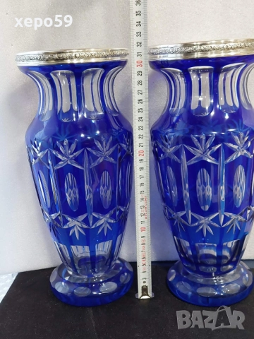 Комплект Прекрасни кристални вази със сребърни гривни''Бохемия кристал-1900 год.сребро 800, снимка 3 - Вази - 52565851