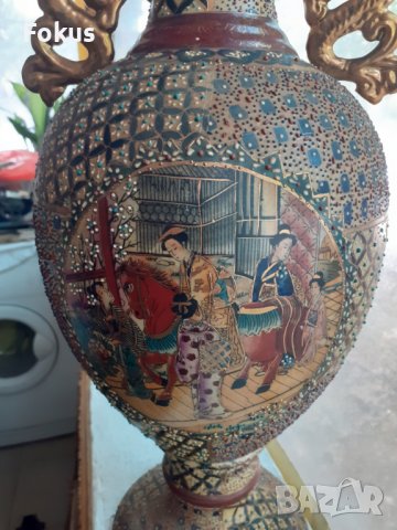 Голяма стара азиатска ваза Сатцума, ръчно рисувана, позлата Satsumaата, снимка 6 - Антикварни и старинни предмети - 37430464
