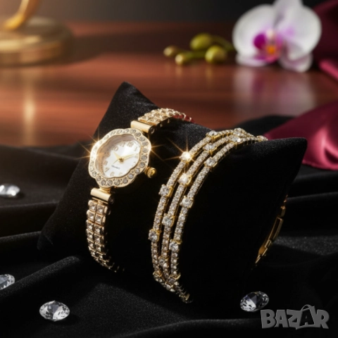 Елегантен дамски комплект – кварцов часовник с гривни в подаръчна кутия, снимка 2 - Бижутерийни комплекти - 51967672