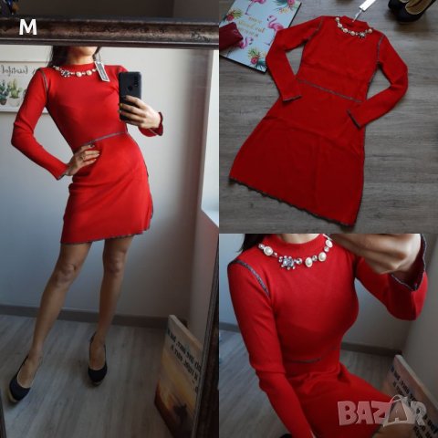 Нова колекция червена рокля с кристали от фино плетиво на намаление