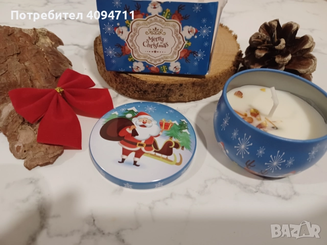 2 Нови ароматни коледни свещи+дървена поставка+ борова кора+коледна украса+ 2 шишарки, снимка 9 - Декорация за дома - 52497076