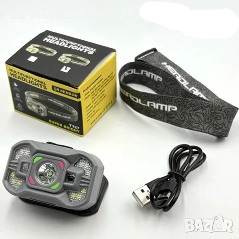 Малък LED акумулаторен челник със сензор USB зареждане фенер за глава бягане риболов къмпинг мощен, снимка 3 - Къмпинг осветление - 51178975