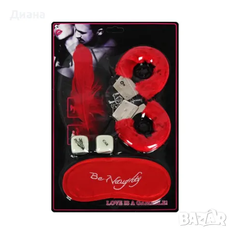 Еротичен комплект от 3 части - белезници с еротични зарчета, превръзка за очи и пера, снимка 1