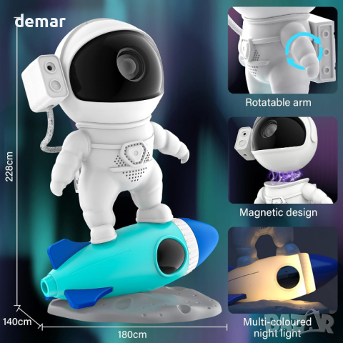 LED проектор астронавт с ракета, галактическа нощна светлина, бял шум, таймер,Bluetooth дистанционно, снимка 2 - Детски нощни лампи - 44867279