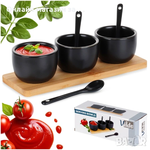Комплект от 3 керамични купи с лъжици върху бамбуков поднос, 21,5x6,5x5,5 см, черни 139686