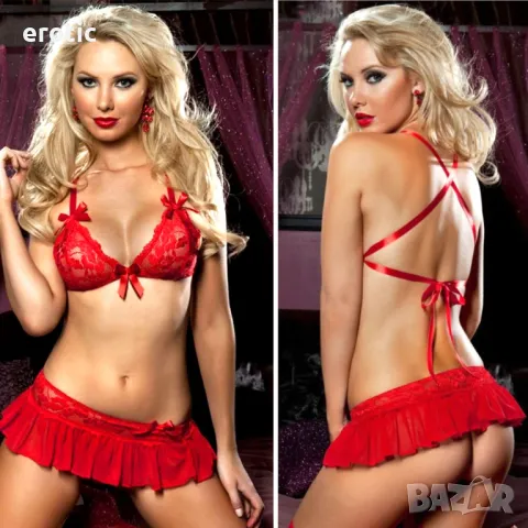 Дамски червен секси комплект от сутиен, пола и прашка - Код: B516