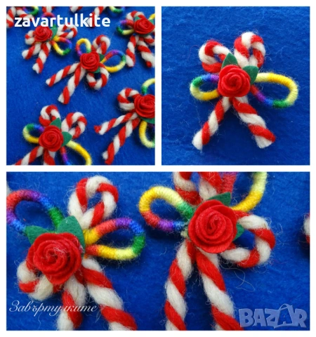Мартеници брошки за закачане с малка розичка от филц и цветни вълнени конци