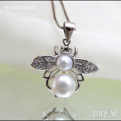 Сребърно колие с бяла перла и циркони, снимка 5 - Колиета, медальони, синджири - 37704759