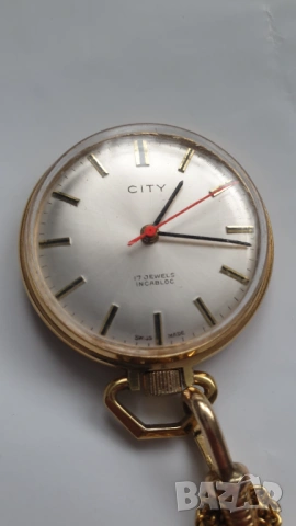 Джобен позлатен швейцарски часовник CITY, снимка 3 - Антикварни и старинни предмети - 53381878