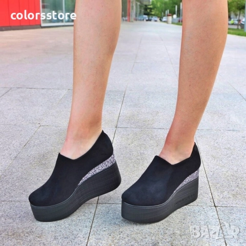 Обувки на платформа - черен велур и брокат - VBR90 , снимка 2 - Дамски ежедневни обувки - 51649228