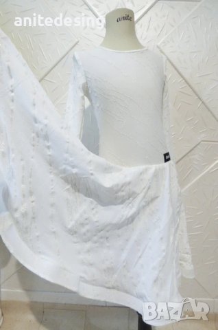 Детска бяла рокля за спортни танци със сребърен печат