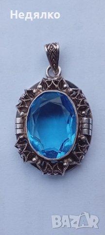 Стара сребърна брошка със син топаз, снимка 2 - Антикварни и старинни предмети - 43735463