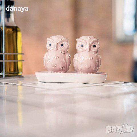 1628 Комплект керамични солнички на поставка Бухалчета, снимка 3 - Аксесоари за кухня - 44066623