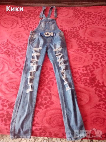 Гащеризон дънкен с дупки/накъсан ефект и камъни