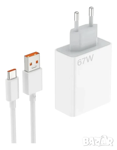 Комплект мрежово зарядно за Xiaomi, бързо зареждане, кабел, бял, USB-C, Type-C, 67W, снимка 2 - Оригинални зарядни - 50653252