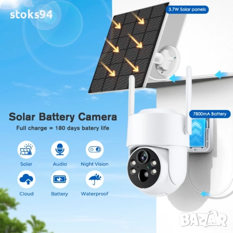 WiFi PTZ IP безжична соларна камера tq6, вградена батерия, SD карта - 64GB, PIR детектор за движение, снимка 2 - Други - 52571144