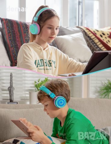 Детски Bluetooth слушалки RIYO с цветни LED светлини, ментово зелено, снимка 7 - Bluetooth слушалки - 43585178