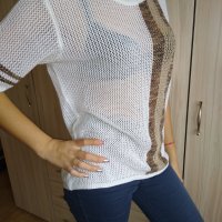 Плетена блуза в бяло и кафяво, снимка 2 - Блузи с дълъг ръкав и пуловери - 27455978