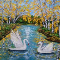 есенен пейзаж с брези и лебеди край реката маслена картина , снимка 2 - Картини - 44101041