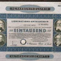 Ликвидационен дял | 1000 RM | I.G. Farbenindustrie | 1953г., снимка 4 - Други ценни предмети - 28233604