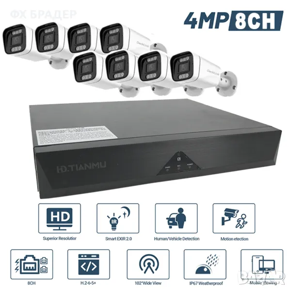 Комплект 8 броя POE 4MP 4K H.265+ Камери с NVR, снимка 1