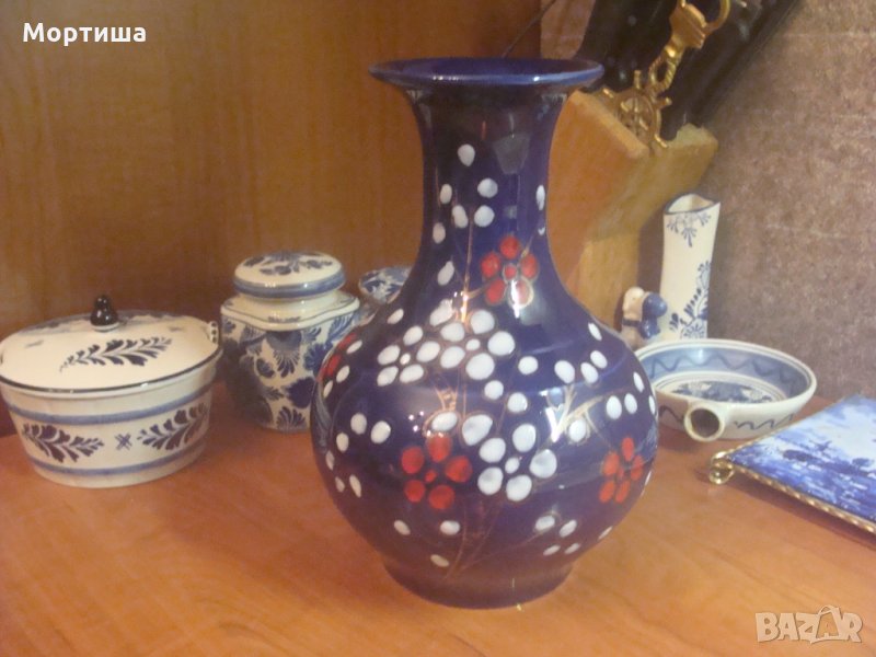 Японска ръчно изработена порцеланова ваза ,кобалт позлата седеф , снимка 1