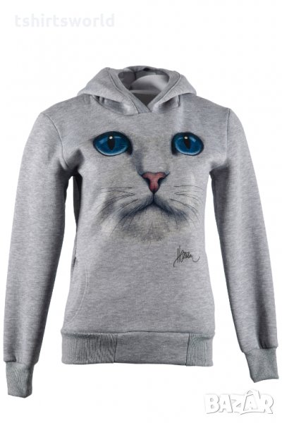 Нов детски суичър с 3D принт сива Котка със сини очи, снимка 1