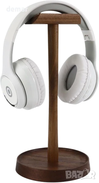Дървена стойка за слушалки, подвижна стойка за слушалки от орехово дърво с тава за съхранение, снимка 1