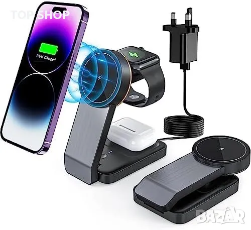 Ново Магнитно безжично зарядно устройство 15W/Сгъваема стойка, снимка 1