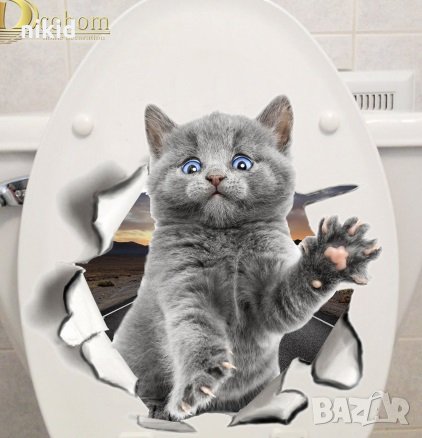 Сиво пухкаво коте стикер лепенка за стена мебел или тоалетна чиния за капака, снимка 1