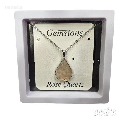 Колие с висулка, Розов кварц, Стомана, Сребрист, снимка 1