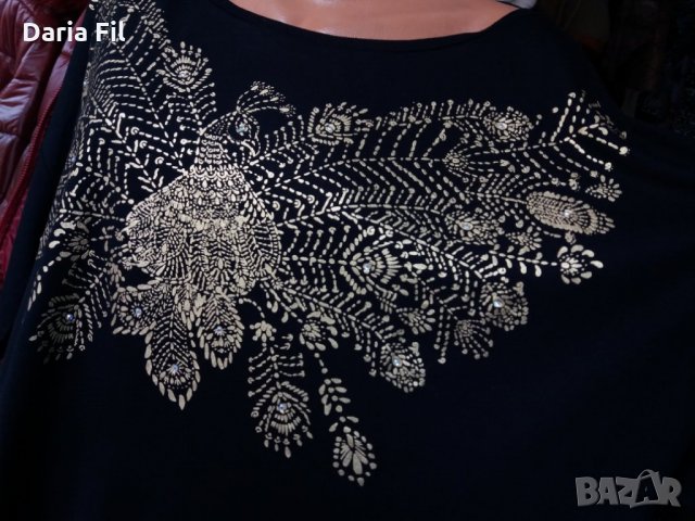 НАМАЛЕНИЕ -20% Черна блуза трико със златиста щампа птица, украсена с камъчета , снимка 3 - Блузи с дълъг ръкав и пуловери - 27354363