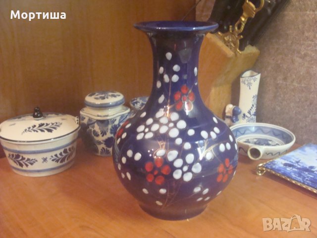 Японска ръчно изработена порцеланова ваза ,кобалт позлата седеф , снимка 1 - Вази - 27647577
