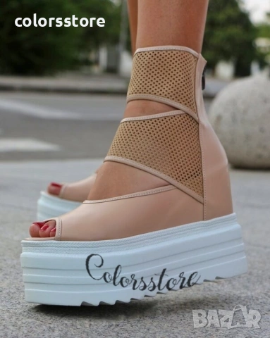 Летни боти на платформа - бежова кожа с бяло ходило - LB70 