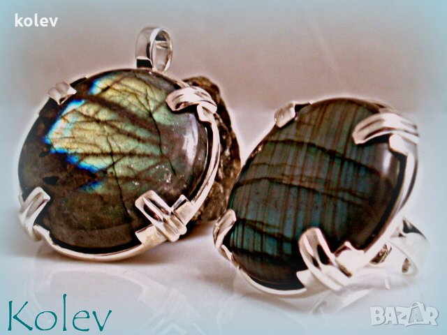 Комплект пръстен и медальон от сребро с лабрадорит - УНИКАТ, снимка 3 - Пръстени - 26702537