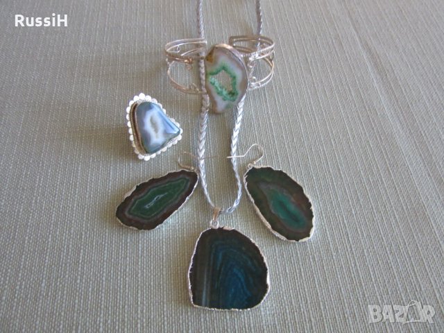 Комплект бижута с друза зелен ахат, снимка 2 - Бижутерийни комплекти - 35504802
