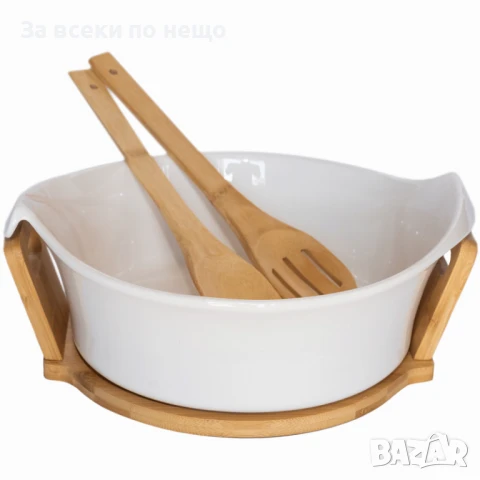 Керамична купа за салата с бамбукови прибори и стойка Код P837, снимка 3 - Сервизи - 50833734