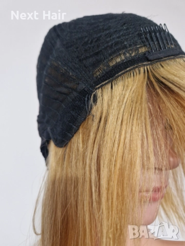 33 см естествена златисто руса омбре перука с тъмни корени и бретон, снимка 8 - Аксесоари за коса - 52029639