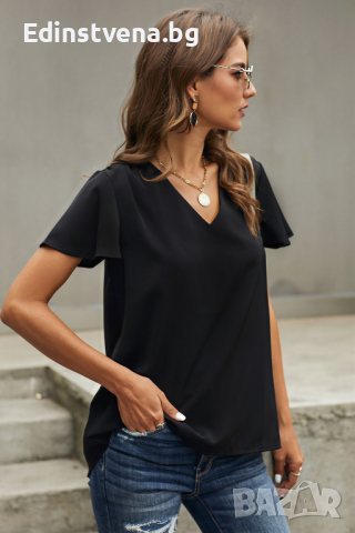Дамска блуза в черен цвят с V-образно деколте и къси ръкави, снимка 2 - Други - 44862435